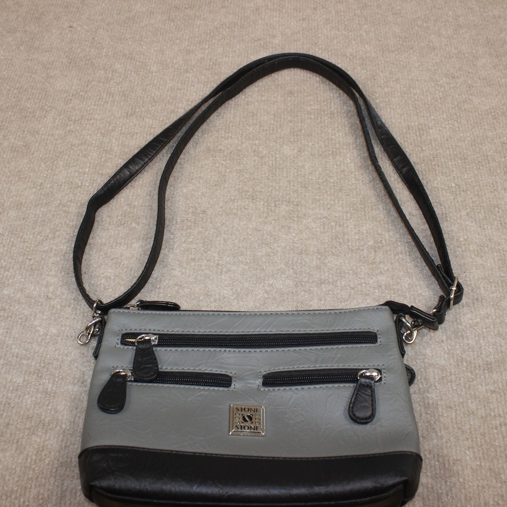 Stone & Co Crossbody Bag Grey Black Two Tone Multi Pocket Faux Leather Purse‎